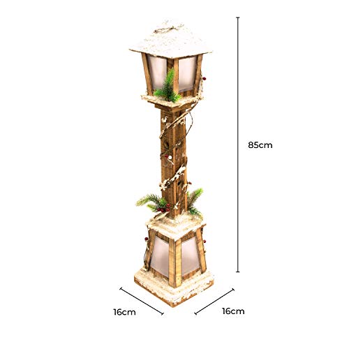 The Christmas Workshop 71200 Snow Topped Wooden Lamppost / 10 Warm White LED Lights / Indoor Christmas Decorations / Frosted Star Windows / Battery Powered / 85cm x 16cm x 16cm
