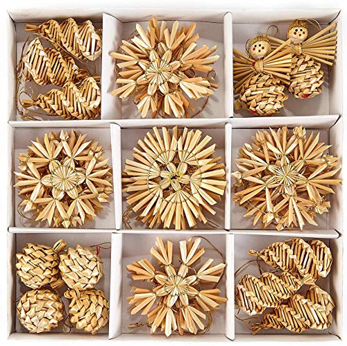 Straw Tree Ornaments - Set of 32 Rustic Decorations