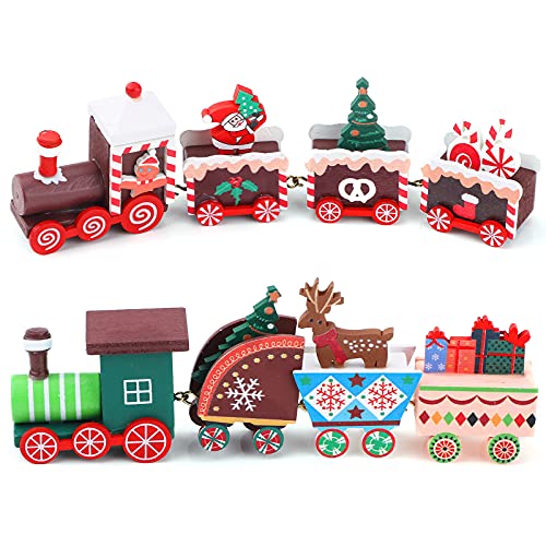 2 Pcs Christmas Wooden Train Mini Wooden Christmas Train Christmas Miniature Wood Ornaments 8 Carriages Wooden Train Toy Set Christmas Tree Decorations for Xmas Party Favors Kids Kindergarten Gifts