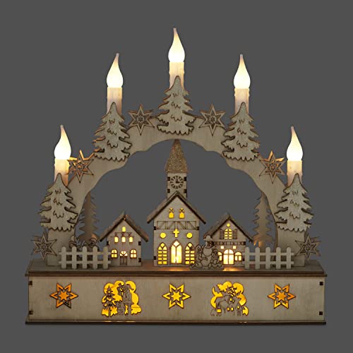 GloBrite Wooden Illuminated Candle Bridge / 5 Warm White Candles/Indoor Christmas Decoration/Battery Operated / 32cm x 30cm x 10cm