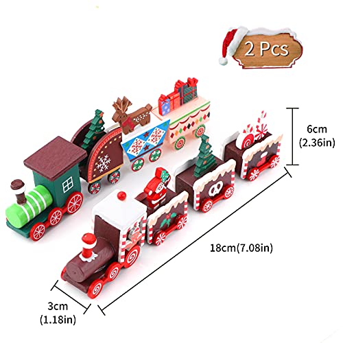 2 Pcs Christmas Wooden Train Mini Wooden Christmas Train Christmas Miniature Wood Ornaments 8 Carriages Wooden Train Toy Set Christmas Tree Decorations for Xmas Party Favors Kids Kindergarten Gifts
