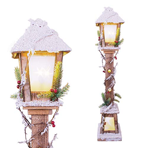The Christmas Workshop 71200 Snow Topped Wooden Lamppost / 10 Warm White LED Lights / Indoor Christmas Decorations / Frosted Star Windows / Battery Powered / 85cm x 16cm x 16cm