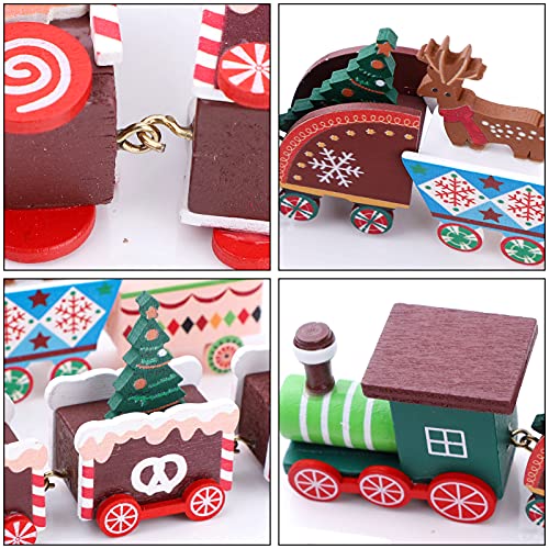 2 Pcs Christmas Wooden Train Mini Wooden Christmas Train Christmas Miniature Wood Ornaments 8 Carriages Wooden Train Toy Set Christmas Tree Decorations for Xmas Party Favors Kids Kindergarten Gifts