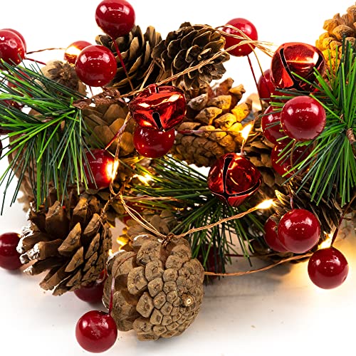 GloBrite Christmas Garland with Lights | LED Christmas Lights Xmas Garland Pine Cone Fairy Lights | Wreath Light Up Christmas Decorations Battery Operated Indoor Outdoor Decor for Xmas Tree Party