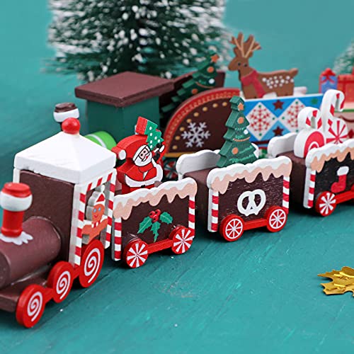 2 Pcs Christmas Wooden Train Mini Wooden Christmas Train Christmas Miniature Wood Ornaments 8 Carriages Wooden Train Toy Set Christmas Tree Decorations for Xmas Party Favors Kids Kindergarten Gifts