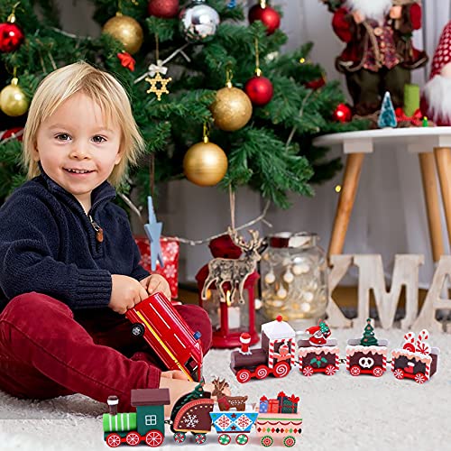 2 Pcs Christmas Wooden Train Mini Wooden Christmas Train Christmas Miniature Wood Ornaments 8 Carriages Wooden Train Toy Set Christmas Tree Decorations for Xmas Party Favors Kids Kindergarten Gifts
