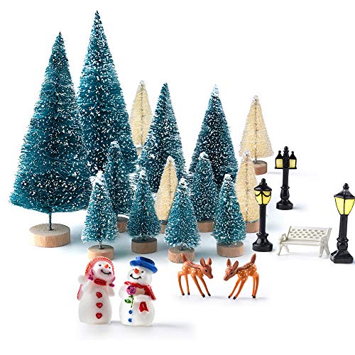 KUUQA 36Pcs Mini Sisal Snow Frost Trees Christmas Trees Bottle Brush Trees Plastic Winter Snow Ornaments Tabletop Trees with Merry Christmas Letters for Party Diorama Models SMALL SIZE TREES