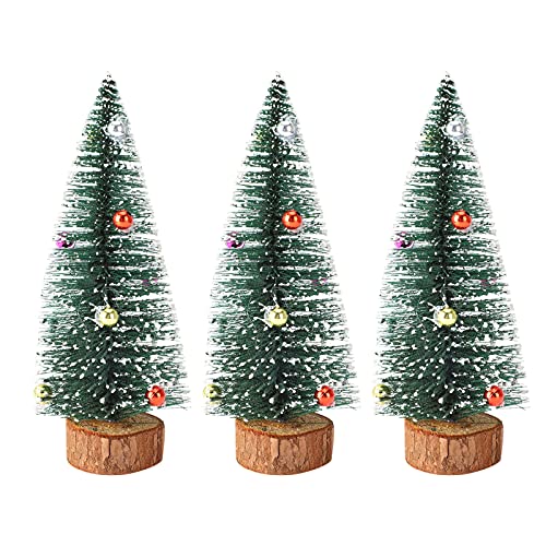 Actaday 3PCS Miniature Christmas Tree, 6 inch Mini Ornaments Tabletop Trees, Miniature Snowing Pin Trees with Wooden Bases for Xmas Holiday Party Home Decor, Actaday