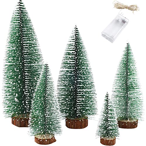 Small Snow Christmas Tree 5Pcs Artificial Frost Trees and 3M/3.28 Yard Wire String Lights Mini Ornaments Tabletop Trees Plastic Winter DIY Crafts Mini Pine Tree for Christmas Holiday Party Home Decor