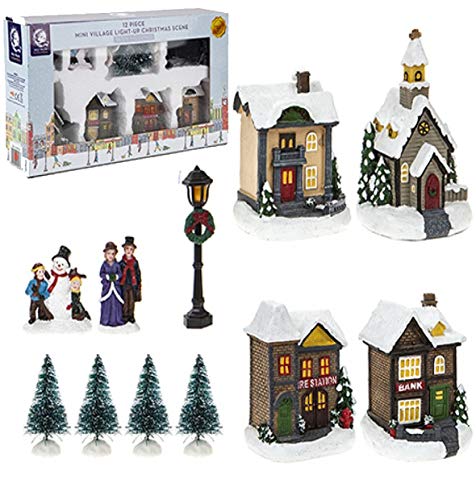 Toyland Mini Village Light Up Christmas Scene | 12 Piece Set | Multicoloured | 47 cm x 58 cm x 36 cm