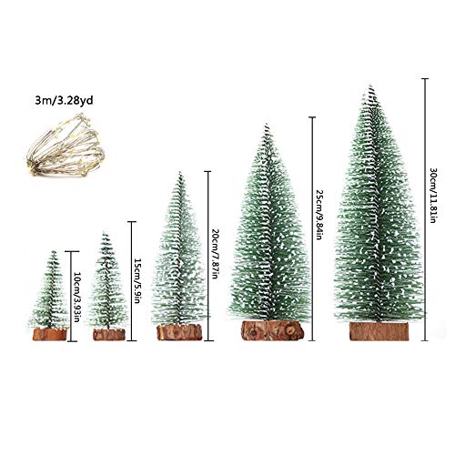 Small Snow Christmas Tree 5Pcs Artificial Frost Trees and 3M/3.28 Yard Wire String Lights Mini Ornaments Tabletop Trees Plastic Winter DIY Crafts Mini Pine Tree for Christmas Holiday Party Home Decor