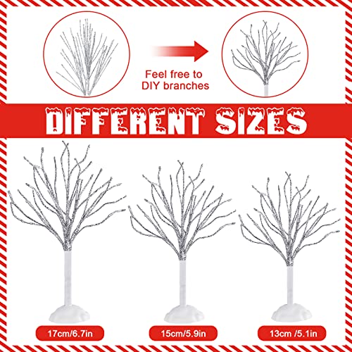 7 Pcs Christmas Village Decor Trees Mini Snow Covered Branch Village Trees Small Artificial Birch Tree Winter Frost Trees Miniature for Display Accessories Holiday Decorations, 3 Sizes (White)