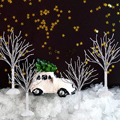 7 Pcs Christmas Village Decor Trees Mini Snow Covered Branch Village Trees Small Artificial Birch Tree Winter Frost Trees Miniature for Display Accessories Holiday Decorations, 3 Sizes (White)
