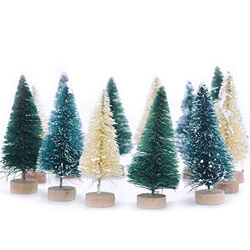 Mini Christmas Pine Tree Brush Trees Sisal Trees Miniature Tabletop Snow Frost Fir with Wood Base for DIY Bottle Crafting,Displaying,Desktop Home Decoration, Blue 5pcs 16cm