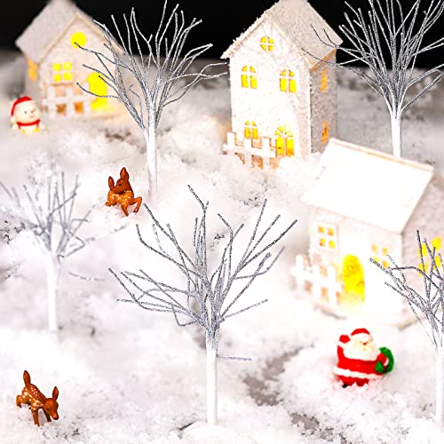 7 Pcs Christmas Village Decor Trees Mini Snow Covered Branch Village Trees Small Artificial Birch Tree Winter Frost Trees Miniature for Display Accessories Holiday Decorations, 3 Sizes (White)