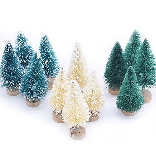 Mini Christmas Pine Tree Brush Trees Sisal Trees Miniature Tabletop Snow Frost Fir with Wood Base for DIY Bottle Crafting,Displaying,Desktop Home Decoration, Blue 5pcs 16cm