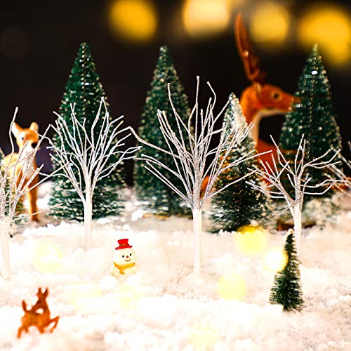 7 Pcs Christmas Village Decor Trees Mini Snow Covered Branch Village Trees Small Artificial Birch Tree Winter Frost Trees Miniature for Display Accessories Holiday Decorations, 3 Sizes (White)
