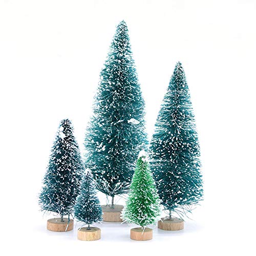 Mini Christmas Pine Tree Brush Trees Sisal Trees Miniature Tabletop Snow Frost Fir with Wood Base for DIY Bottle Crafting,Displaying,Desktop Home Decoration, Blue 5pcs 16cm