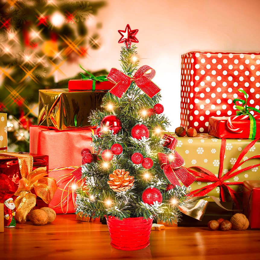 Mini Desktop Christmas Tree with Lights - Red