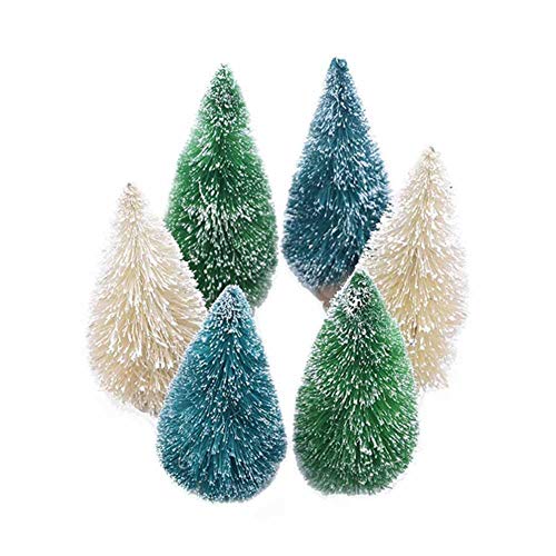 Mini Christmas Pine Tree Brush Trees Sisal Trees Miniature Tabletop Snow Frost Fir with Wood Base for DIY Bottle Crafting,Displaying,Desktop Home Decoration, Blue 5pcs 16cm