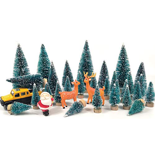 Cemobile 33PCS Mini Christmas Trees Set Miniature Ornament Bottle Brush Trees, Snow Frost Trees Desktop Small Pine Tree,Santa Claus,elk Deer,mini car for DIY Christmas Scene Xmas Party Home Decoration