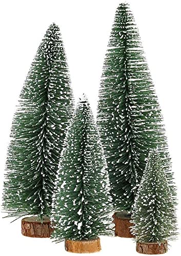 Dream Loom Artificial Mini Christmas Trees, A Set of 4pcs Miniature Sisal Frosted Christmas Trees Bottle Brush Trees for Xmas Home Tabletop Decor (Green)