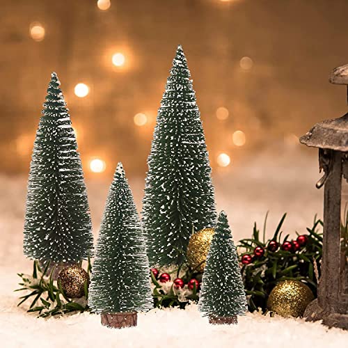 Dream Loom Artificial Mini Christmas Trees, A Set of 4pcs Miniature Sisal Frosted Christmas Trees Bottle Brush Trees for Xmas Home Tabletop Decor (Green)
