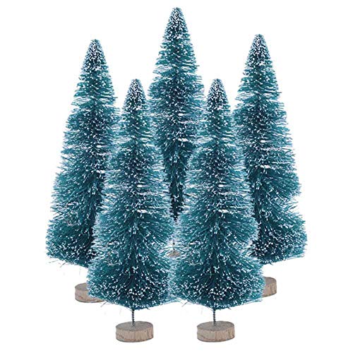 Mini Christmas Pine Tree Brush Trees Sisal Trees Miniature Tabletop Snow Frost Fir with Wood Base for DIY Bottle Crafting,Displaying,Desktop Home Decoration, Blue 5pcs 16cm