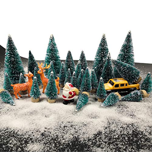 Cemobile 33PCS Mini Christmas Trees Set Miniature Ornament Bottle Brush Trees, Snow Frost Trees Desktop Small Pine Tree,Santa Claus,elk Deer,mini car for DIY Christmas Scene Xmas Party Home Decoration