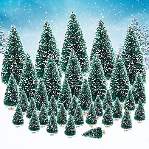 35 Miniature Bottle Brush Christmas Trees with Wooden Base