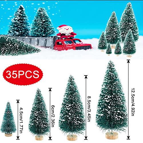 35 Miniature Bottle Brush Christmas Trees with Wooden Base