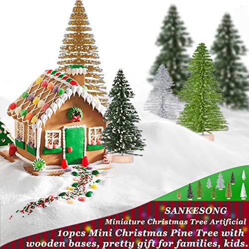 Small Snow Christmas Tree 10Pcs Artificial Frost Trees Bottle Brush Fake Trees with Wooden Base Mini Ornaments Tabletop Trees Plastic Winter DIY Crafts Mini Pine Tree for Tabletop Decorative