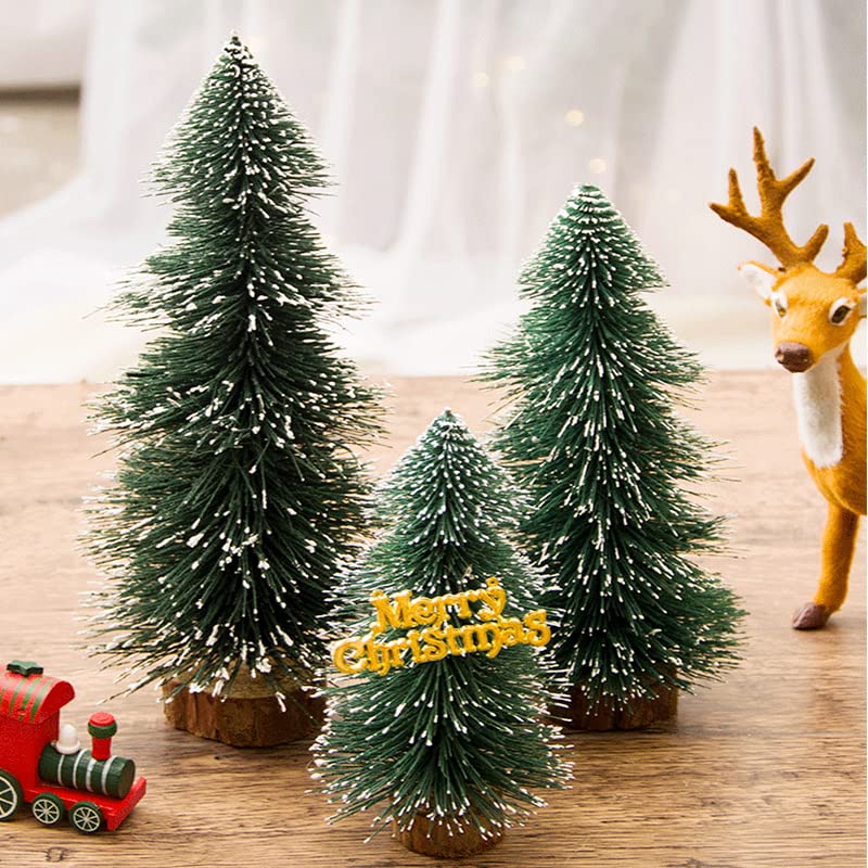 Small Snow Christmas Tree 10Pcs Artificial Frost Trees Bottle Brush Fake Trees with Wooden Base Mini Ornaments Tabletop Trees Plastic Winter DIY Crafts Mini Pine Tree for Tabletop Decorative
