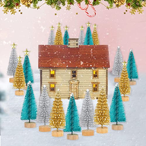 Mini Snow-Frosted Christmas Trees with Wood Base - Set of 24