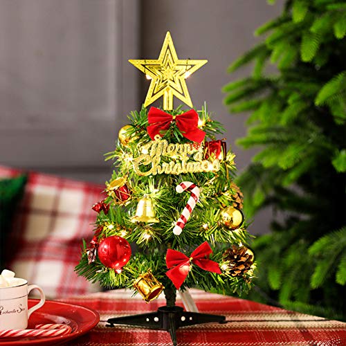 Tabletop Christmas Tree Artificial Xmas Trees and 2M/2.18 Yard Wire String Lights Mini Ornaments Miniature Desk Trees Plastic Winter DIY Crafts Mini Pine Tree for Christmas Holiday Party Home Decor