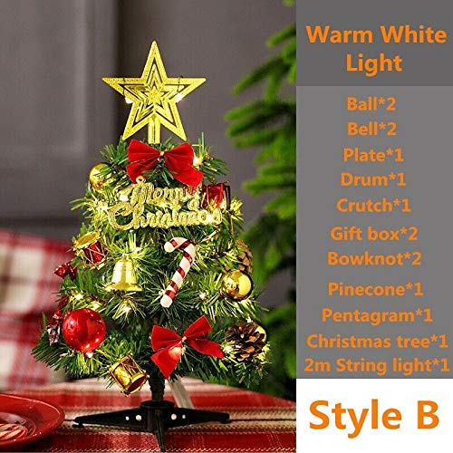 Pre-lit Tabletop Mini Christmas Tree with LED Lights, Artificial Xmas Trees with Ornaments Miniature Desk Trees Winter DIY Crafts Mini Pine Tree for Christmas Holiday Party Home Decor (Warm White)