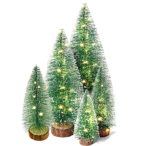 VEYLIN Mini Christmas Tree, 5PCS Artificial Mini Christmas Tree Decorations Small Snow Christmas Tree with Lights Mini Pine Tree for Winter DIY Crafts