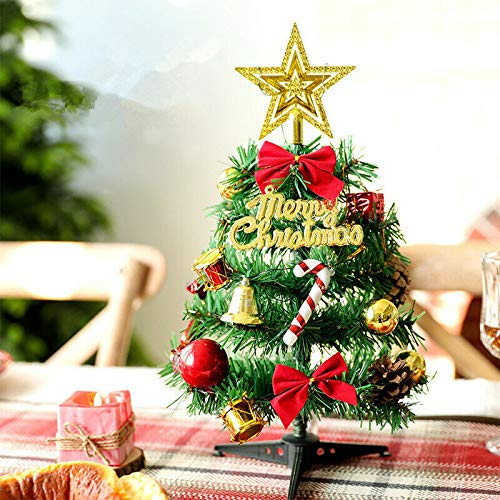 Pre-lit Tabletop Mini Christmas Tree with LED Lights, Artificial Xmas Trees with Ornaments Miniature Desk Trees Winter DIY Crafts Mini Pine Tree for Christmas Holiday Party Home Decor (Warm White)
