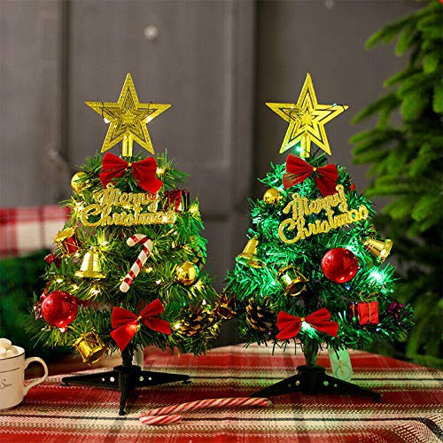 Pre-lit Tabletop Mini Christmas Tree with LED Lights, Artificial Xmas Trees with Ornaments Miniature Desk Trees Winter DIY Crafts Mini Pine Tree for Christmas Holiday Party Home Decor (Warm White)