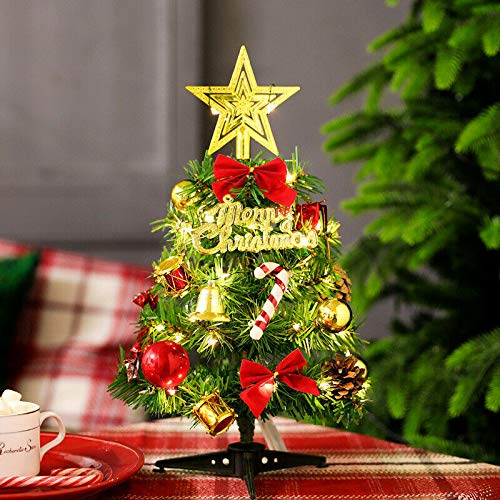 Pre-lit Tabletop Mini Christmas Tree with LED Lights, Artificial Xmas Trees with Ornaments Miniature Desk Trees Winter DIY Crafts Mini Pine Tree for Christmas Holiday Party Home Decor (Warm White)