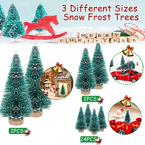 GIRAFEDA 28PCS Miniature Christmas Tree Bottle Brush Trees Mini Artificial Christmas Trees Tabletop Snow Frosted Trees Mini Christmas Trees with Wooden Base for Christmas DIY Craft Decoration(3 Size)