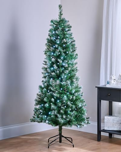 WeRChristmas Pre-Lit Slim Frosted Christmas Tree with 200 White LED Lights, 6 ft/1.8 m, Green