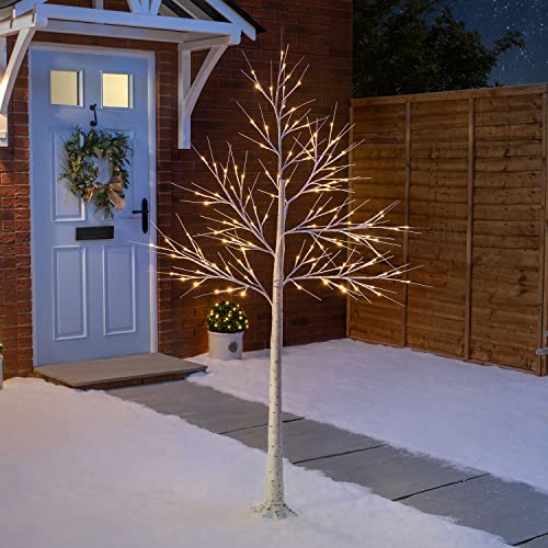 Christow Light Up Outdoor Birch Tree 6ft, Pre Lit Christmas Twig Tree with Lights, Mains Operated with Warm White LEDs (120 LED)