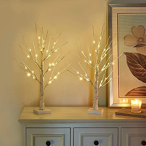 2 Small Birch Twig Tree Lights with 24 Warm White LEDs for Xmas