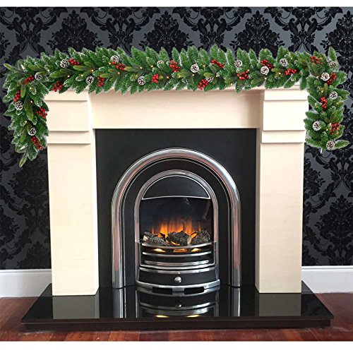 SHATCHI 2m Lit Christmas Tree Garland Green Pre Berries And Pine Cones Frosted Tips Home Door Mantel Fireplace Xmas Light Up Hanging Decor, PVC, 2 meter