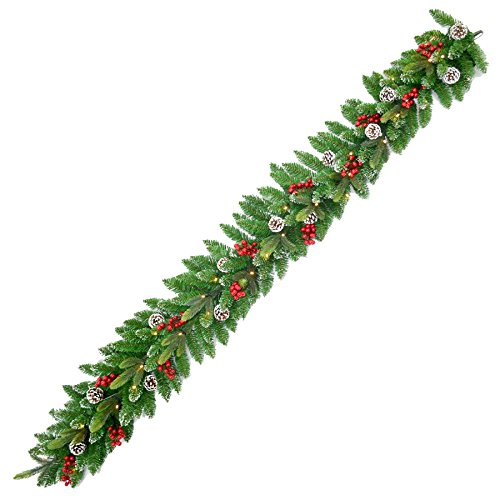 SHATCHI 2m Lit Christmas Tree Garland Green Pre Berries And Pine Cones Frosted Tips Home Door Mantel Fireplace Xmas Light Up Hanging Decor, PVC, 2 meter