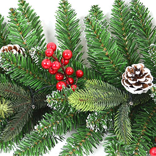 SHATCHI 2m Lit Christmas Tree Garland Green Pre Berries And Pine Cones Frosted Tips Home Door Mantel Fireplace Xmas Light Up Hanging Decor, PVC, 2 meter