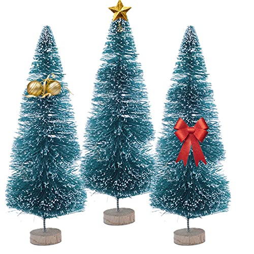 MAX COOK 38Pcs Miniature Christmas Tree Mini Sisal Snow Frost Trees Artificial Model Trees with Wooden Base Bottle Brush Trees Winter Snow Ornaments Tabletop Trees(Blue-Green)