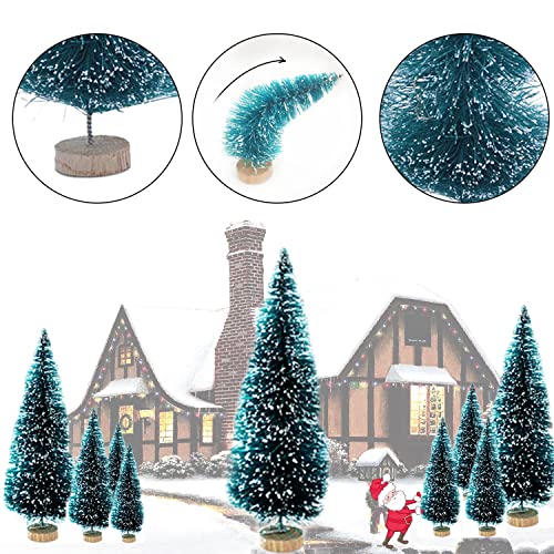 MAX COOK 38Pcs Miniature Christmas Tree Mini Sisal Snow Frost Trees Artificial Model Trees with Wooden Base Bottle Brush Trees Winter Snow Ornaments Tabletop Trees(Blue-Green)