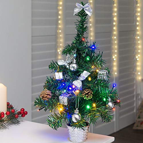 GloBrite 45cm Mini Christmas Tree with 40 Multi-colour LED Lights, Baubles, Artificial Gold Pine Cones | Pre Lit Christmas tree Christmas Decorations | Table Top Christmas Tree